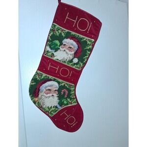Vintage Needlepoint Santa Christmas Stocking Large Red Velvet HO HO HO Holiday